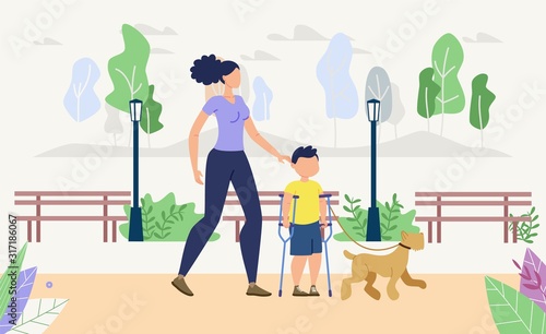Injured Children Physical, Psychological Rehabilitation, Recreation Trendy Flat Vector Concept. Disabled Boy Resting in Park with Mother and Dog, Learning to Walk on Crutches After Trauma Illustration