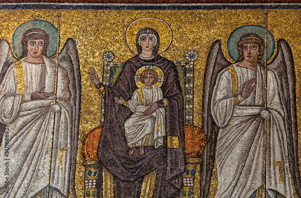  Mosaic of Mary and Jesus between Angels in Basilica of St Apollinare Nuovo in Ravenna, Italy