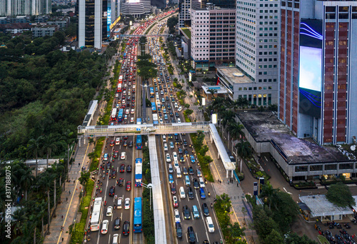 Heavy traffic stuck in a traffic jam in the Jakarta business district main avenue in Indonesia capital city, famous for its congestion