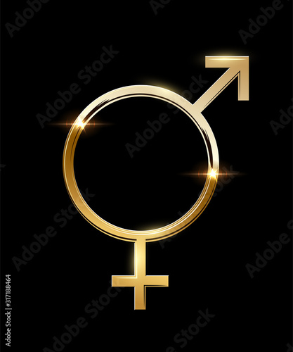 Golden Mars and Venus united sign on black backdrop. Male and female gender equality symbol. Conceptual logo template. Relationship creative idea. Men and women equal rights. Vector illustration.