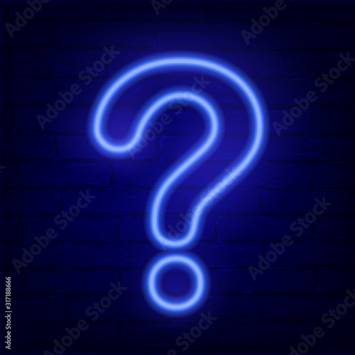 Neon blue question mark on dark brick wall. Cinema, show, theatre, circus, casino design. Intellectual signs. Laser diode lamp. Night party pointer. Creative vector illustration.