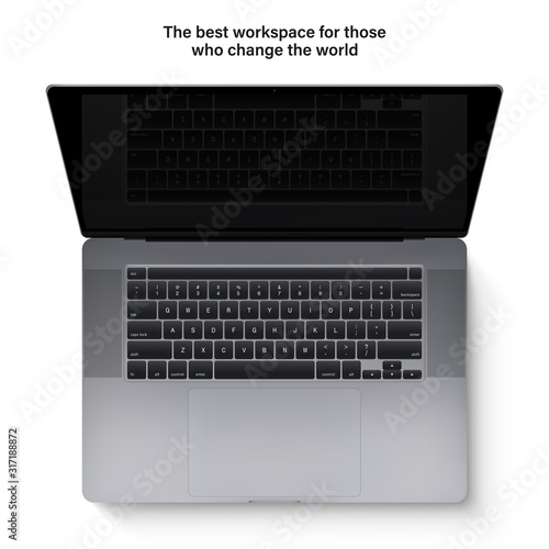 laptop with keyboard and touchpad grey color and black screen top view isolated on white background. realistic and detailed notebook mockup. stock vector 3d illustration