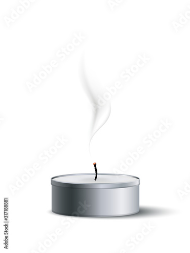 Extinguished tea candle with smoke isolated on white background. Vector design element.