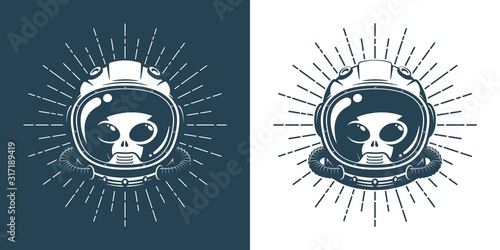 Alien in space helmet - vintage logo. Martian face in a spacesuit - hipster retro emblem. Vector illustration.