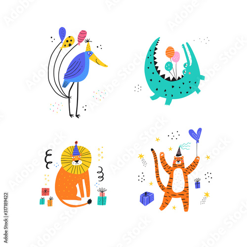 Funny animals at party vector illustrations set