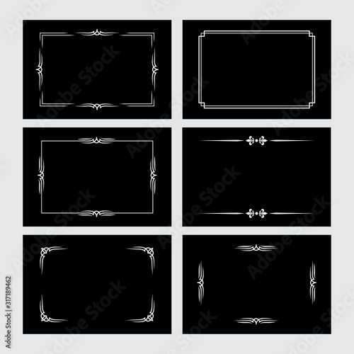 Set of white vintage borders in silent film style isolated on black background. Vector retro design elements. photo