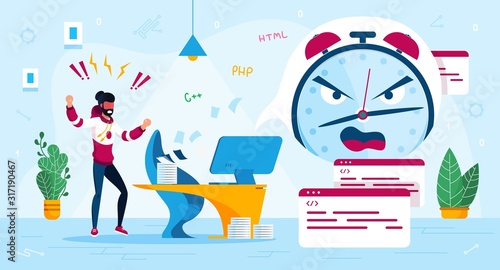 Stress at Work, Time Management Trendy Flat Vector Concept. IT Industry Freelancer, Programmer Frustrated and Stressed Because of Project Deadline Failure, Lack of Time for Finishing Work Illustration