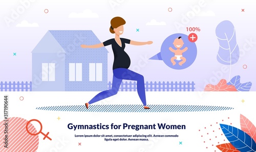 Healthy Lifestyle and Physical Activity During Pregnancy Trendy Flat Vector Banner, Poster Template. Happy Pregnant Woman, Active Lady Doing Gymnastics Situps and Stretching Outdoors Illustration