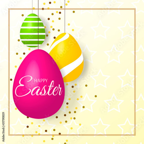 Happy Easter card design with hanging decorated eggs and confetti. Square vector illustration for card, poster, postcard, banner.
