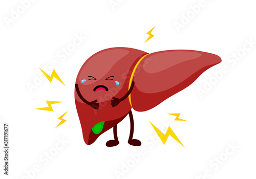 Unhealthy human liver character. Internal organ requires care or medical treatment due to disease or impact of adverse on health. Vector illustration isolated on white background.