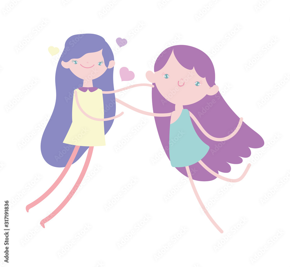 happy valentines day, cute girl and female cupid celebrating love happy valentines day, cute girl and female cupid celebrating love