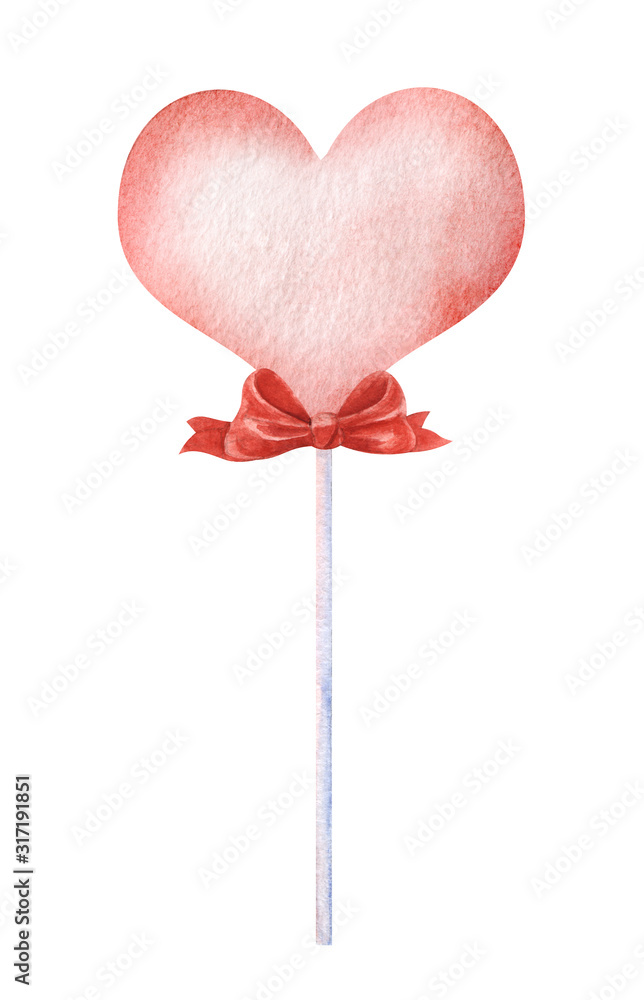 Pink air balloon in the shape of a heart on a white plastic stick with a magnificent red bow. Decorative element. Hand-drawn watercolor illustration on a bright background Pink air balloon in the shape of a heart on a white plastic stick with a magnificent red bow. Decorative element. Hand-drawn watercolor illustration on a bright background