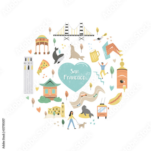 San Francisco hand drawn flat vector with symbols
