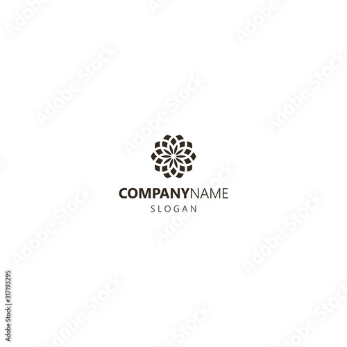 black and white simple flat art vector iconic logo of pentagonal many petal manfala flower