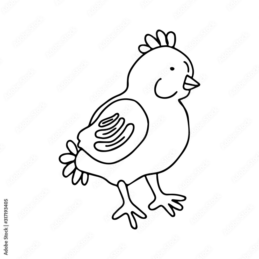 Hand drawn vector illustration of a cute little chicken in doodle style isolated on white background. Great for Easter greeting cards, poster, coloring books and logo.