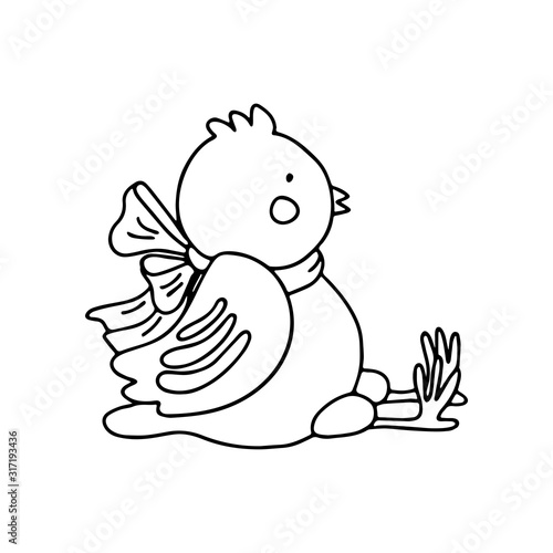 A cute sitting little chicken with a nice bow isolated on white background. Great for Easter greeting cards, posters, coloring books, logo.  Doodle style.