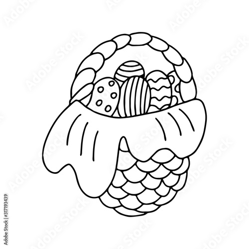 Hand drawn vector illustration of a nice wicker basket with easter eggs isolated on white background. Great for Easter greeting cards, posters, coloring books. Doodle style.