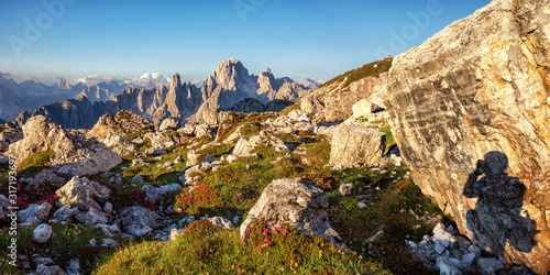 The mountains of the Cadini Group seen in the early morning from Lavaredo hut in the Dolomite Alps in South Tyrol, Italy