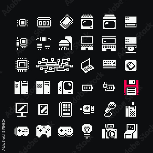 1-bit computers icons set, AI,  computer, microcircuit, gamepad, joystick, light bulb, drive. Design for mobile app, logo, sticker, web. Isolated pixel art vector illustration. Game assets.