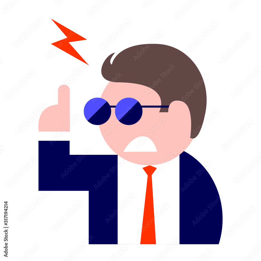 Drawing of a modern business man in sunglasses, a suit and tie. Angry and cursing. Vector isolated illustration in flat style for icon or symbol. Drawing of a modern business man in sunglasses, a suit and tie. Angry and cursing. Vector isolated illustration in flat style for icon or symbol.