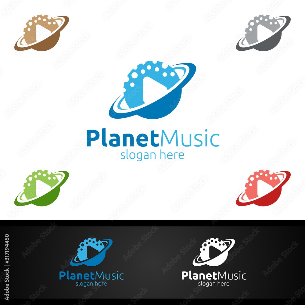 Music Logo with Planet and Play Concept