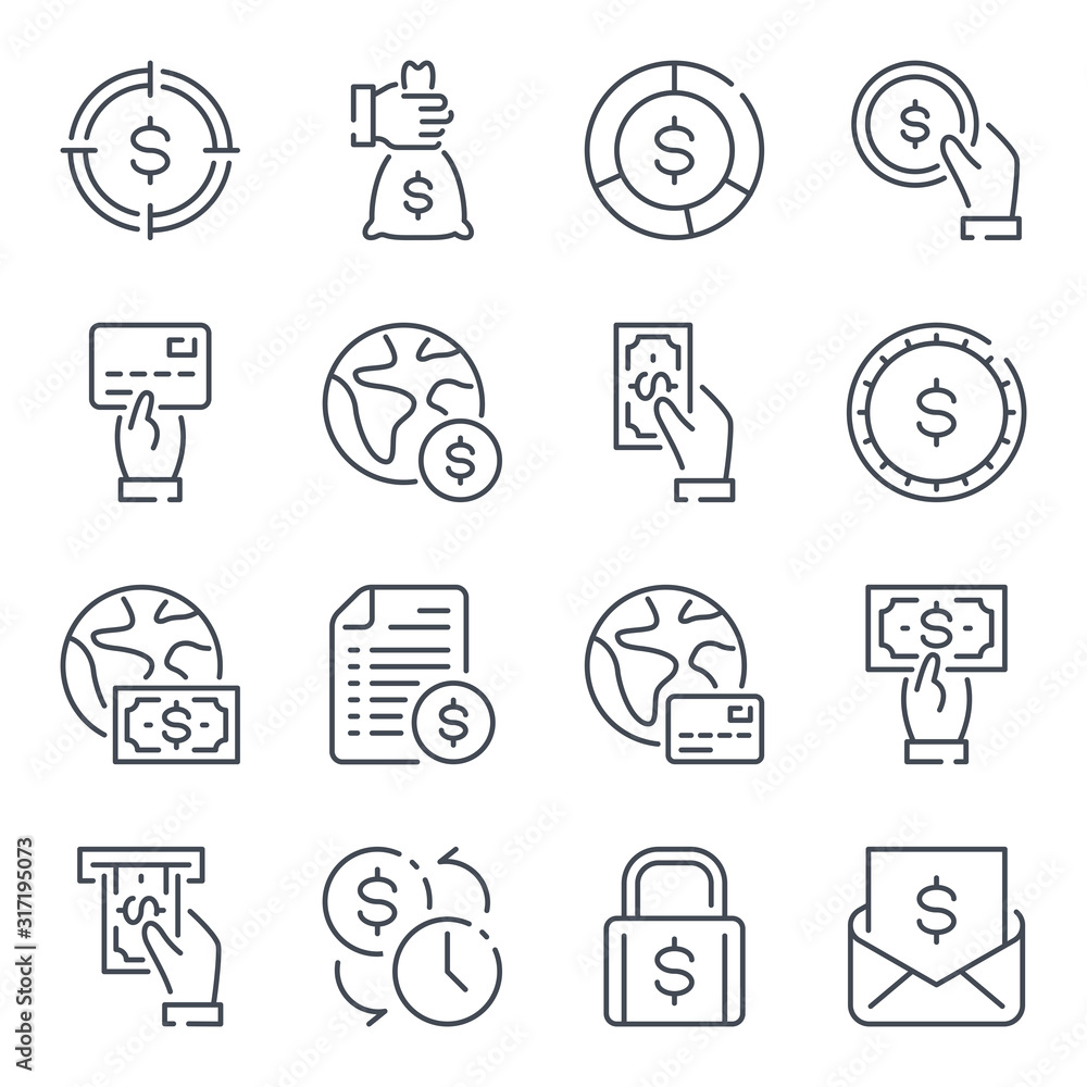 Money and finance related line icon set. Business and payment outline icons. Banking and payment vector icon collection. Money and finance related line icon set. Business and payment outline icons. Banking and payment vector icon collection.