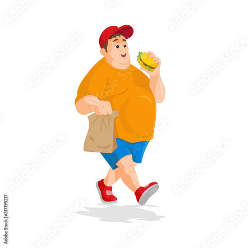 Very fat happy man with a paper bag and a hamburger in his hand. Vector cartoon character on a white background.
