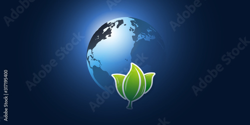 Blue Global Eco Concept Design Layout - Green Leaves and Earth Globe - Vector Template