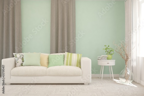 Stylish room in mint color with sofa. Scandinavian interior design. 3D illustration