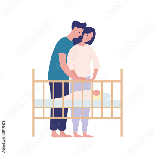 Mother and father watching at sleeping baby flat vector illustration