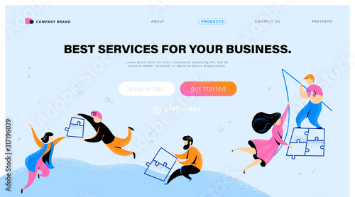 Landing page design template with search bar and company services abstract illustration. People putting puzzle pieces together. Vector illustration. Web page, mobile app, UI.