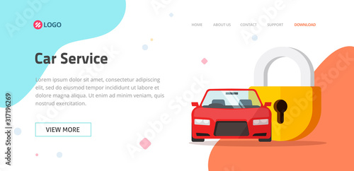 Car insurance or vehicle protection service website template design vector layout or mockup, flat cartoon web site landing page with automobile protected with lock shield security banner image
