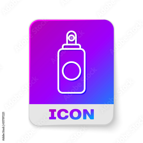 White line Spray can for air freshener, hairspray, deodorant, antiperspirant icon isolated on white background. Rectangle color button. Vector Illustration
