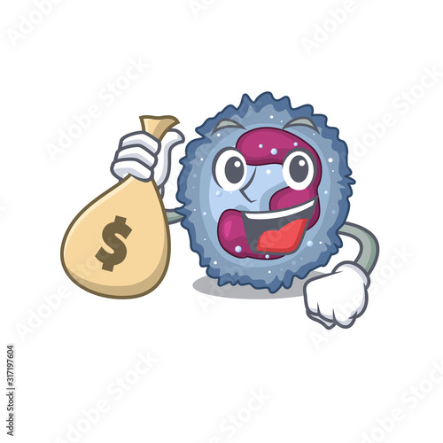 Happy rich neutrophil cell cartoon character with money bag photo