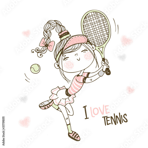 Cute girl playing tennis. I love tennis. Vector illustration.
