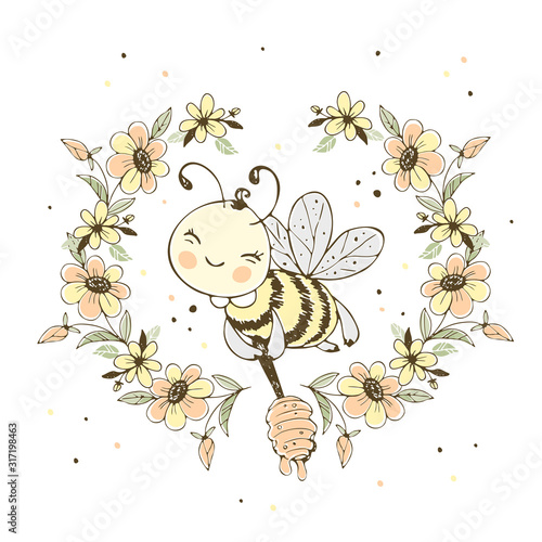 Cheerful cute bee with honey in a frame of flowers. Vector.