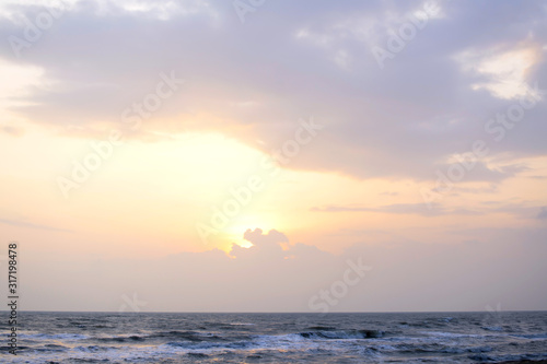 The sea in the dark blue sky on the day of bright