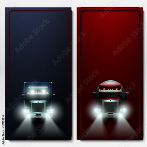 Two vertical banner with the truck with  headlights on.