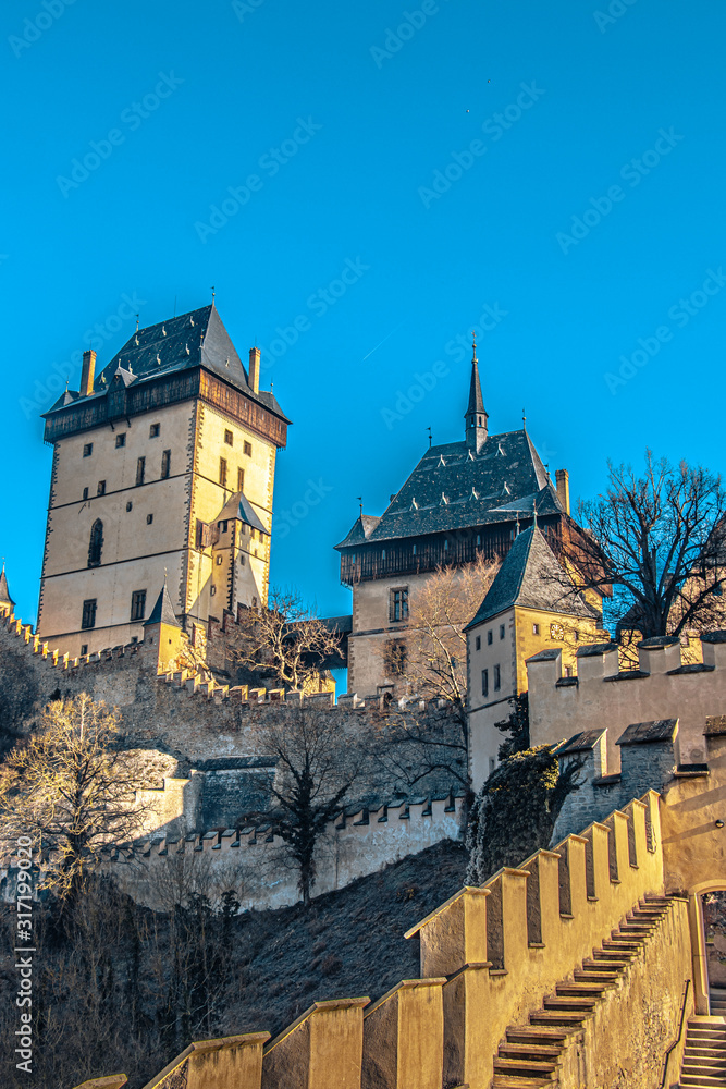 View from stone walls towards Karlstejn castle towers