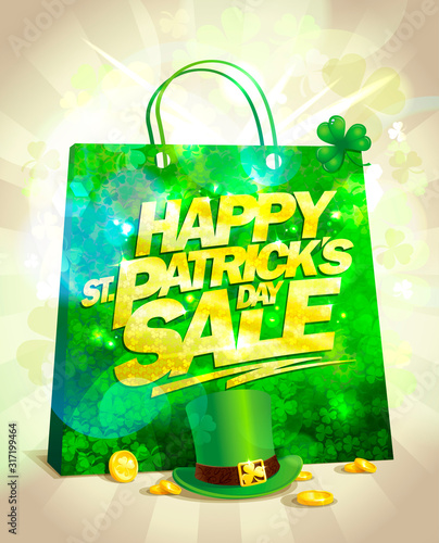 Patrick's day sale banner design with green paper bag
