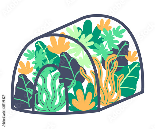 Growing flowers and plants in greenhouse. Spring garden, landscaping, early greenery. Protect plants from cold. Vector illustration