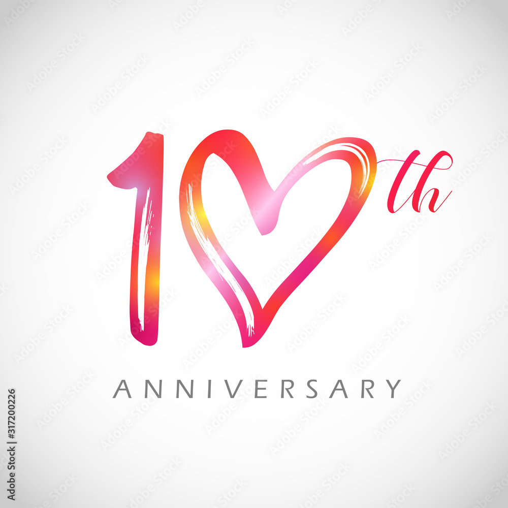10 years old logotype. 10 th anniversary numbers. Decorative symbol. Congrats in brushing style. Isolated abstract graphic design template. Red digits, up to 10%, -10% percent off discount concept.