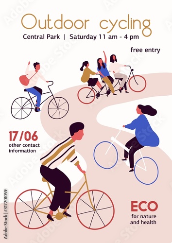 Outdoor cycling competition poster vector flat illustration. Cartoon people cyclist in bicycle racing on the road isolated on white background. Concept of activity, healthy lifestyle and sports.