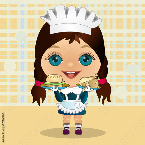 Girl waiter dressed in a blue dress and a white apron carries a dish of chicken and hamburger, emoticon on checkered background 