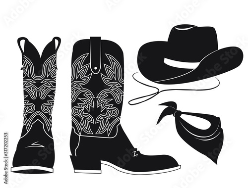 Cowboy boots and western hat. Wild West Arizona desert landscape with cactus. Vector Western black hand drawn cut file illustration 