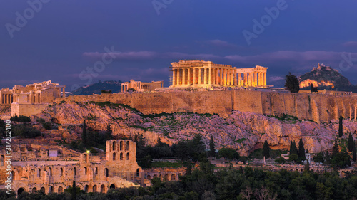 Night view of the Acropolis of Athens, with the Parthenon Temple , Athens, Greece.