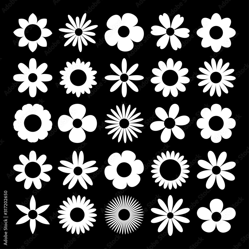 Camomile set. White daisy chamomile silhouette shape icon. Cute round flower plant nature collection. Love card symbol. Growing concept. Decoration element. Flat design. Isolated. Black background. Camomile set. White daisy chamomile silhouette shape icon. Cute round flower plant nature collection. Love card symbol. Growing concept. Decoration element. Flat design. Isolated. Black background.