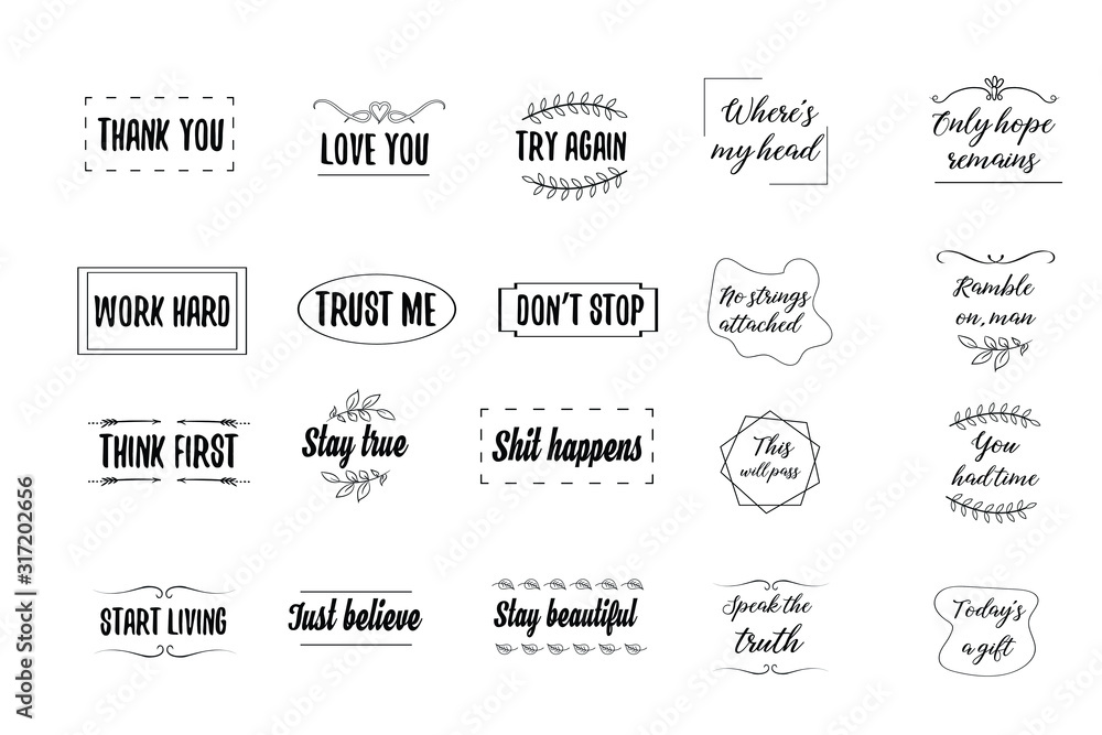 Set of 20 vector Motivation Inspiring Quotes. Ready to post in social media, brochure, magazine. 