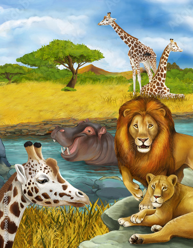 cartoon scene with giraffe and hippopotamus hippo near river and lion