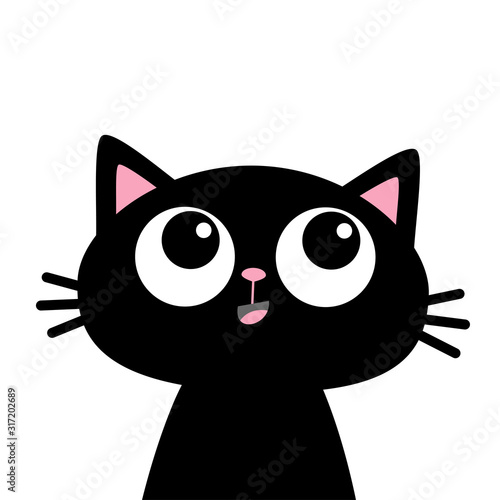 Black cat face head silhouette looking up. Cute cartoon character. Kawaii smiling animal. Baby card. Pet collection. Flat design style. Isolated. White background.
